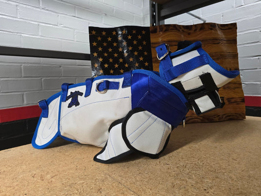 Discount Custom White/Blue Elite Catch Vest PRO SMALL (Extra Kevlar) - Box 307 - Southern Cross Cut Gear