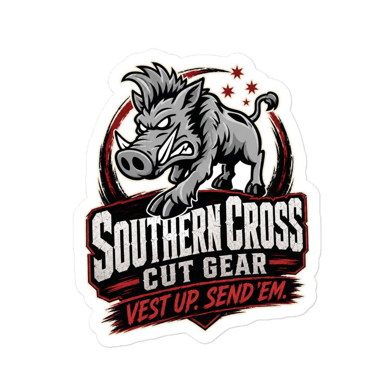 Load image into Gallery viewer, Vest Up. Send ’Em. Kiss-Cut Sticker - Southern Cross Cut Gear
